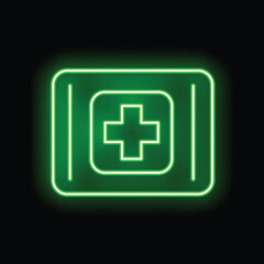 Obraz premium Green neon sign showing medical cross symbol glowing on black background