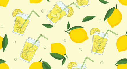 Vibrant summer pattern featuring refreshing lemonade drinks and ripe lemons, perfect for a bright, cheerful, and thirst-quenching design