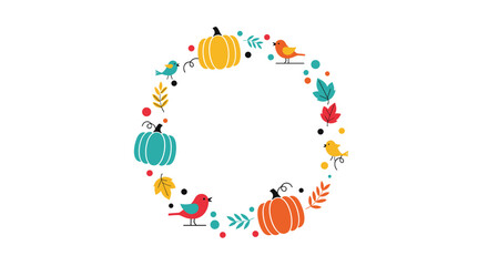 Charming whimsical autumn wreath with cute birds, colorful leaves, and pumpkins creating a festive seasonal border for invitations and designs