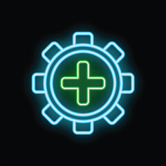 Obraz premium Glowing neon icon of a plus sign inside a gear representing new settings