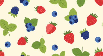 Vibrant seamless pattern of fresh strawberries, blueberries, and blackberries with green leaves on a light background, perfect for culinary designs and summer themes.