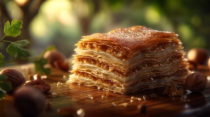 Baklava with Nuts, Syrup, and Natural Garnishes