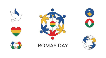 Romas Day celebration symbols with people hands heart dove flags