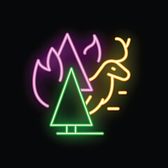 Fototapeta premium Neon sign illustrating a deer escaping a forest fire on a black background