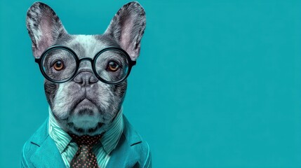 Obraz premium French bulldog in suit and glasses against blue background.