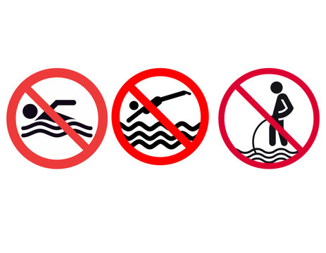 Three red circular prohibition signs indicating no swimming, no diving, and no urinating in water.