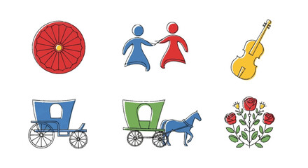 Red parasol blue and red people holding hands yellow violin blue and green carriages roses © Vector KIng