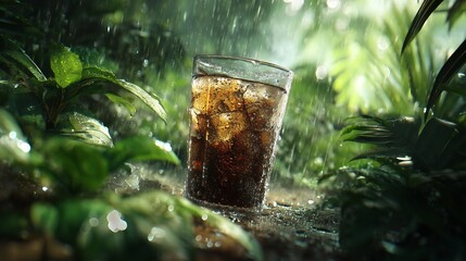 Glass of Soda with Ice in Rainforest Rain