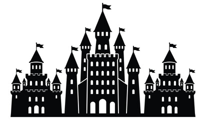 Fototapeta premium Majestic medieval castle silhouette with multiple towers and flags