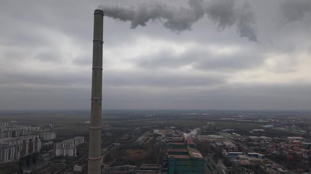 Aerial Drone Footage of Thermal Power Plant Chimney in Bucharest