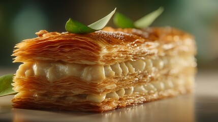  Mille-Feuille Slice with Custard, Powdered Sugar, and Mint Garnish