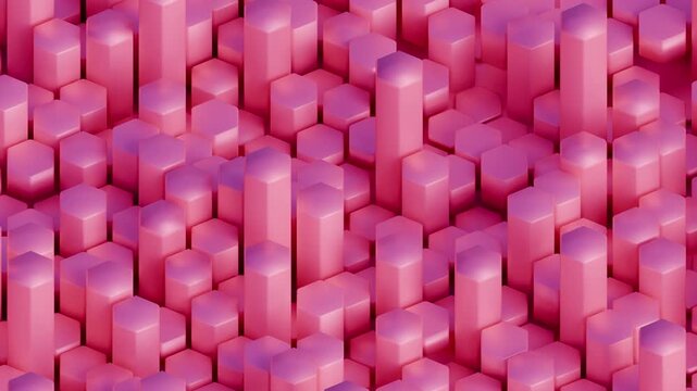 Seamless looping pink hexagonal prisms pulsing and rising in dense isometric grid, soft glows and subtle depth shifts for endless fintech data growth and crypto block animation.