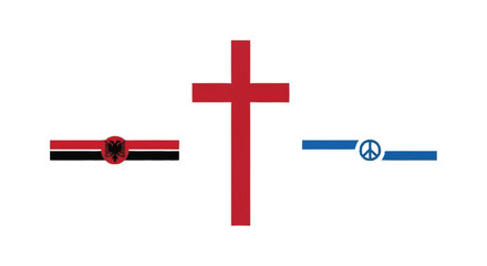 Obraz premium Red cross symbol with Albanian flag and peace sign symbols white background