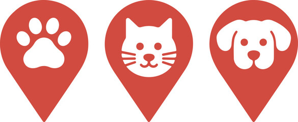 Pet Location Pin Icon Set with Cat and Dog Symbols for Animal Services