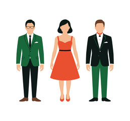 Fototapeta premium Three elegantly dressed people standing together in formal attire against a plain background.
