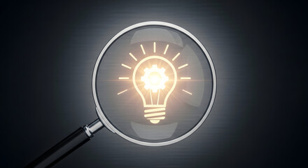 Magnifying glass enlarging glowing idea symbol, minimal business illustration, sharp focus, professional mood