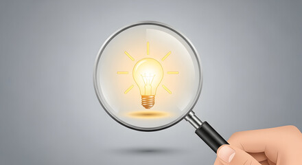 Magnifying glass enlarging glowing idea symbol, minimal business illustration, sharp focus, professional mood