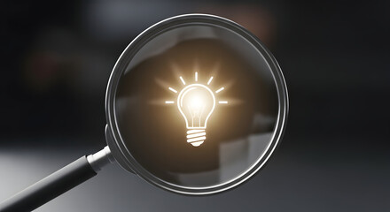 Magnifying glass isolating glowing innovation icon, dark professional background, clean modern concept