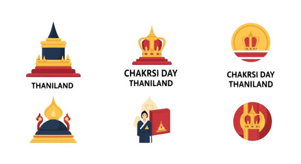 Thai temple and crowns with Chakrsi Day Thaniland text Buddhism