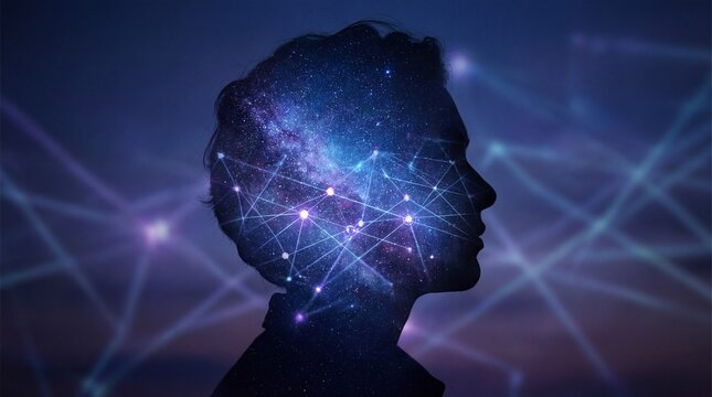 Silhouette of a person's head with a starry night sky and constellation connections inside representing thoughts and imagination
