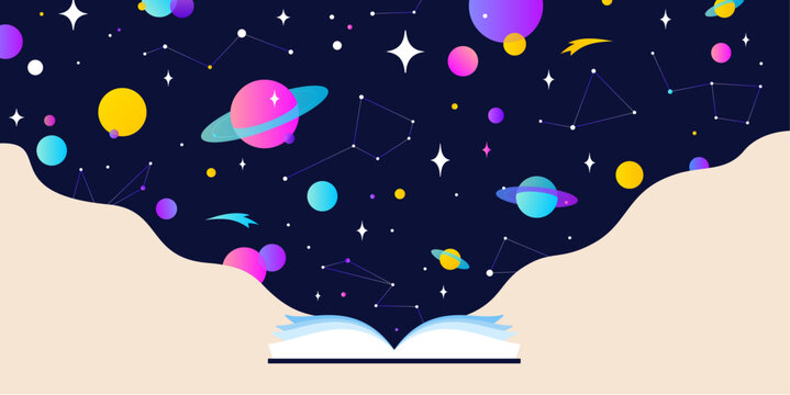 Book, Imagination, Dreams. Cosmos story, space imagination. Open book storybook for children. Online books, digital library storytelling, story store. Best sellers top list. Vector Illustration