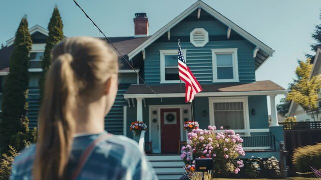 Caucasian girl with ponytail facing blue house American flag