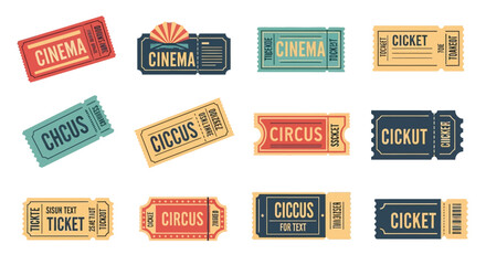 Collection of vintage style cinema and circus tickets on a white background © Tasnim Studio