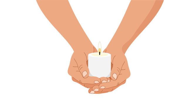 Hands gently cradling a lit white candle offering warmth and hope