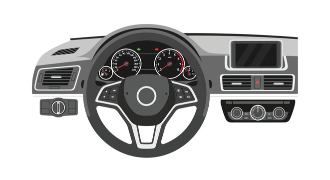 Front view of a car dashboard with steering wheel and instruments
