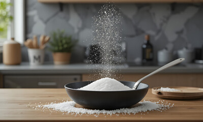 White granulated sugar pours from above into a dark bowl resting on a wooden kitchen counter during food preparation.