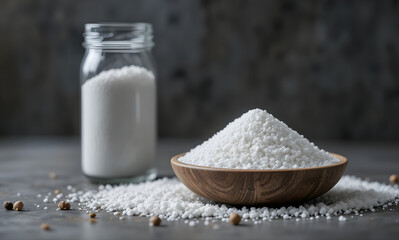 Coarse white sea salt forms a symmetrical mound inside a small wooden bowl next to a clear glass storage container on a gray surface.