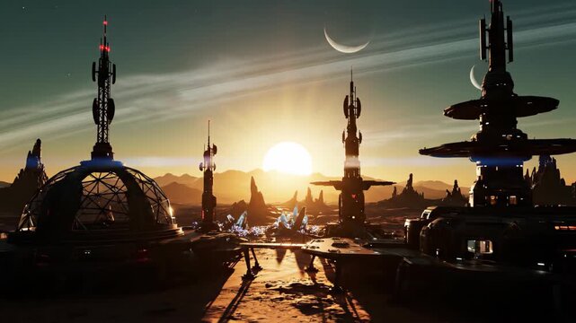 Futuristic martian base at sunset with silhouetted structures and alien landscape
