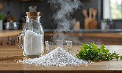 Steaming pile of white crystalline substance sits beside a glass jar and fresh green herb sprigs on a kitchen countertop illustrating culinary preparation.