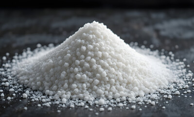 Pile of white granular chemical substance sits atop a dark textured surface ready for scientific or culinary application.