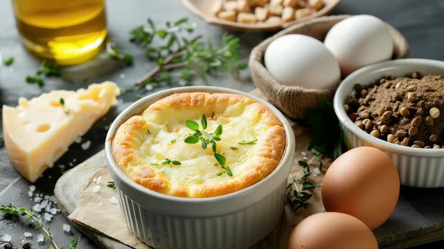 Baked cheese souffle in white ramekin garnished with fresh herbs on rustic kitchen counter