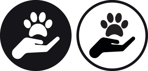 Paw print on hand icon set in two styles .  Animals protection sign . Pet care icon . Vector illustration