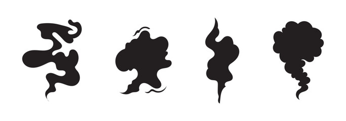 Obraz premium Vector collection of smoke silhouettes with abstract steam, vapor and swirl shapes. Black flowing smoke elements ideal for effects, overlays, logos and graphic design.