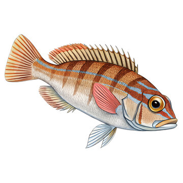 Detailed scientific illustration of a painted comber fish isolated on white.