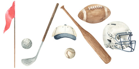 Hand-painted watercolor sports equipment set isolated on a transparent background. Includes baseball bat and ball, golf club and golf ball, American football helmet and ball, cap and flag. © elena