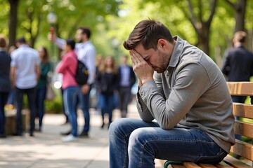 Title: Person on Bench in Crowded Park Displays Poor Posture Amid Selfie-Taking Crowd