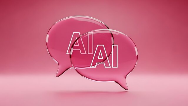 Two pink speech bubbles with white AI text on a pink background