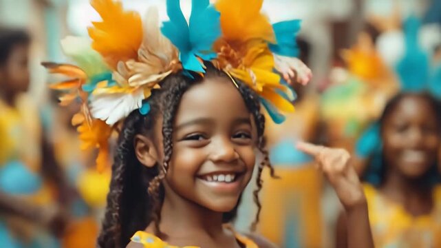 Children joyfully participating in the junior parade at the Notting Hill Carnival, dressed in colorful Caribbean costumes adorned with vibrant feathers and beads, celebrating culture and tradition