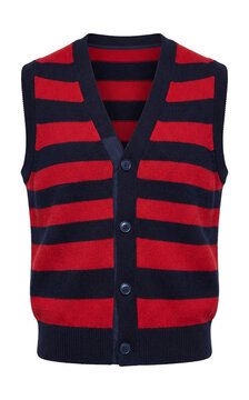 Striped knit vest in bold red and navy with button-up design
