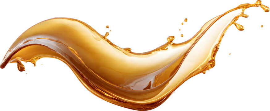 Golden amber liquid splash in sweeping wave motion with floating droplets, translucent fluid arc overlay for premium branding and advertising design