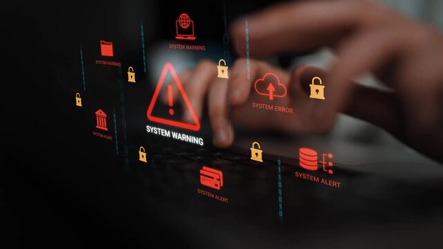 Digital Security Alert with Warning Sign Over User Hands on Keyboard and System Icons Depicting Cybersecurity Threats and Data Protection Challenges Gluon.