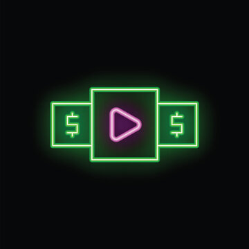 Neon icon of a play button between two dollar signs representing paid online content, streaming platform subscription, pay per view video