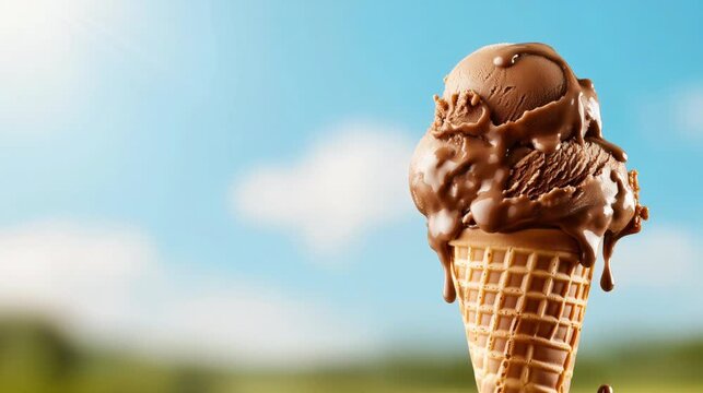Melting chocolate ice cream in waffle cone against clear sunny sky, soft clouds, warm sunlight , summer vibe