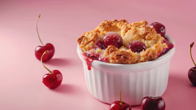 Cherry cobbler in white ramekin against pink background