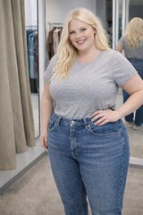 Plus Size Woman In Store. Gray Tshirt And Blue Jeans