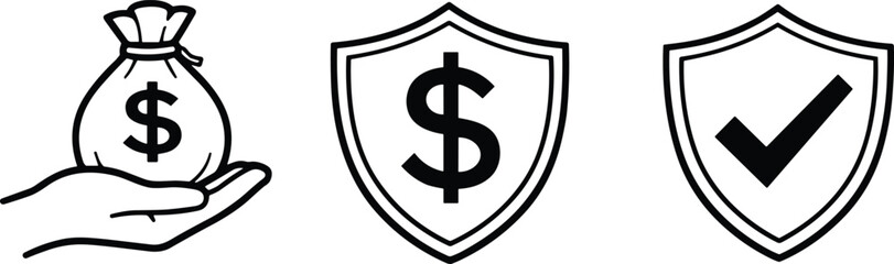 Obraz premium Money, bag, in, hand, financial, protection, shield, with, dollar, sign, security, check, mark, icon, set, vector, insurance, business, investment, banking